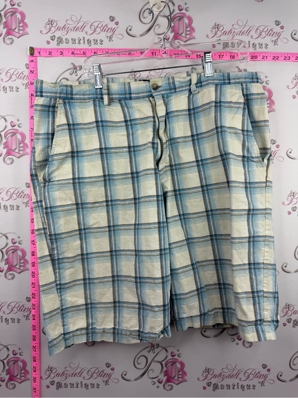 Michael Brandon Cream & Light Blue Plaid Flat Front Shorts
